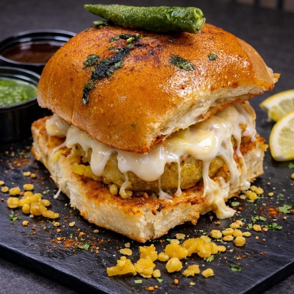 A cheesy vada pav with a green chili on top, served with chutneys and lemon wedges.