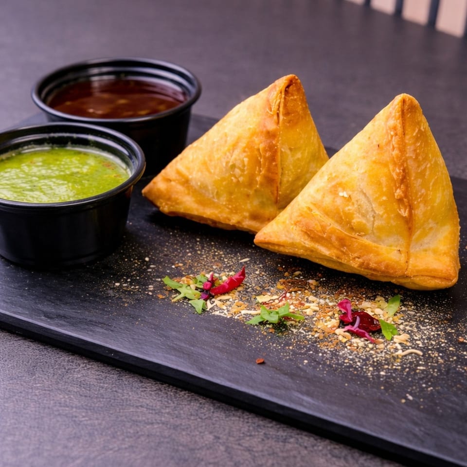 Two golden-brown samosas with green and brown dipping sauces on a dark platter.
