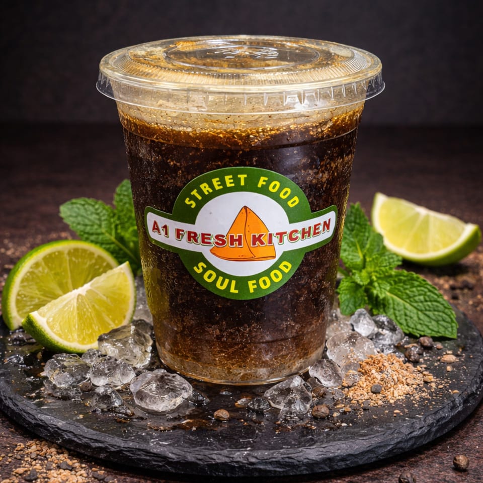 A A1 Fresh Kitchen drink with lime, mint, and spices on ice on a dark slate.