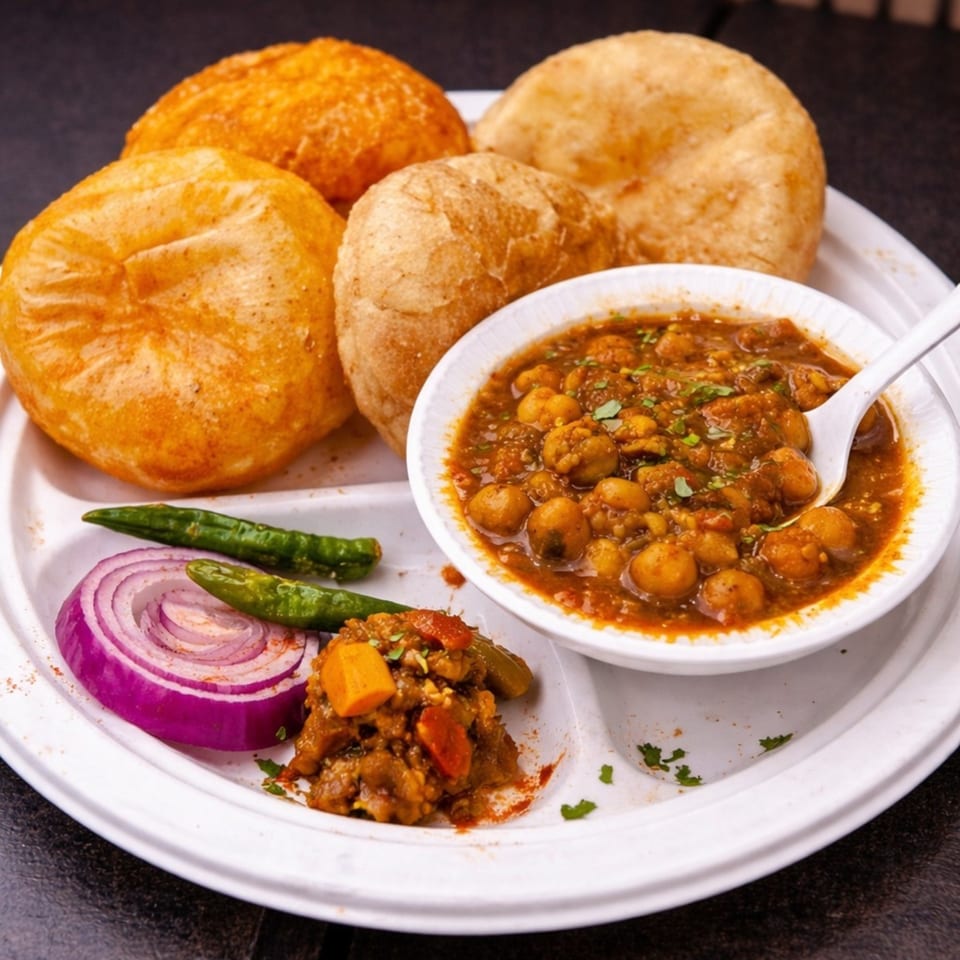 A white plate with four golden-brown puri, a bowl of chole, onions, and green chilies.