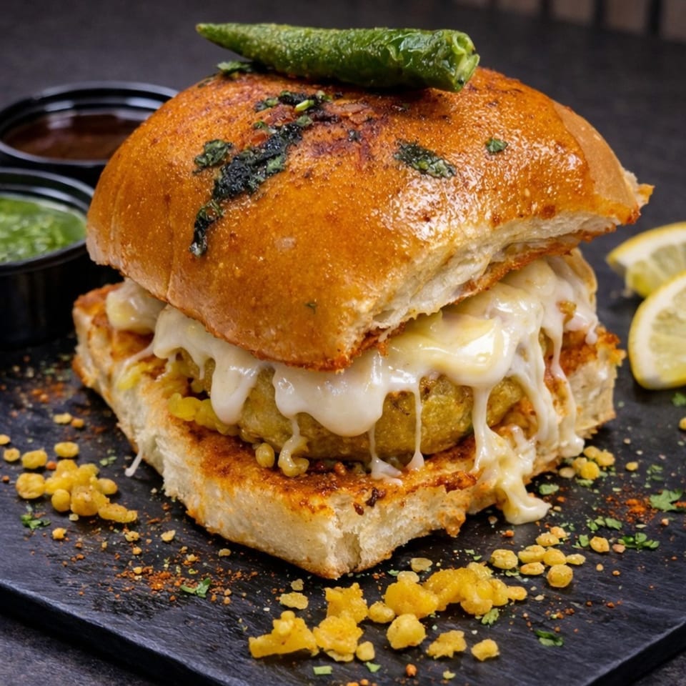 Cheesy vada pav with a green chili on top, served with chutneys and lemon slices.