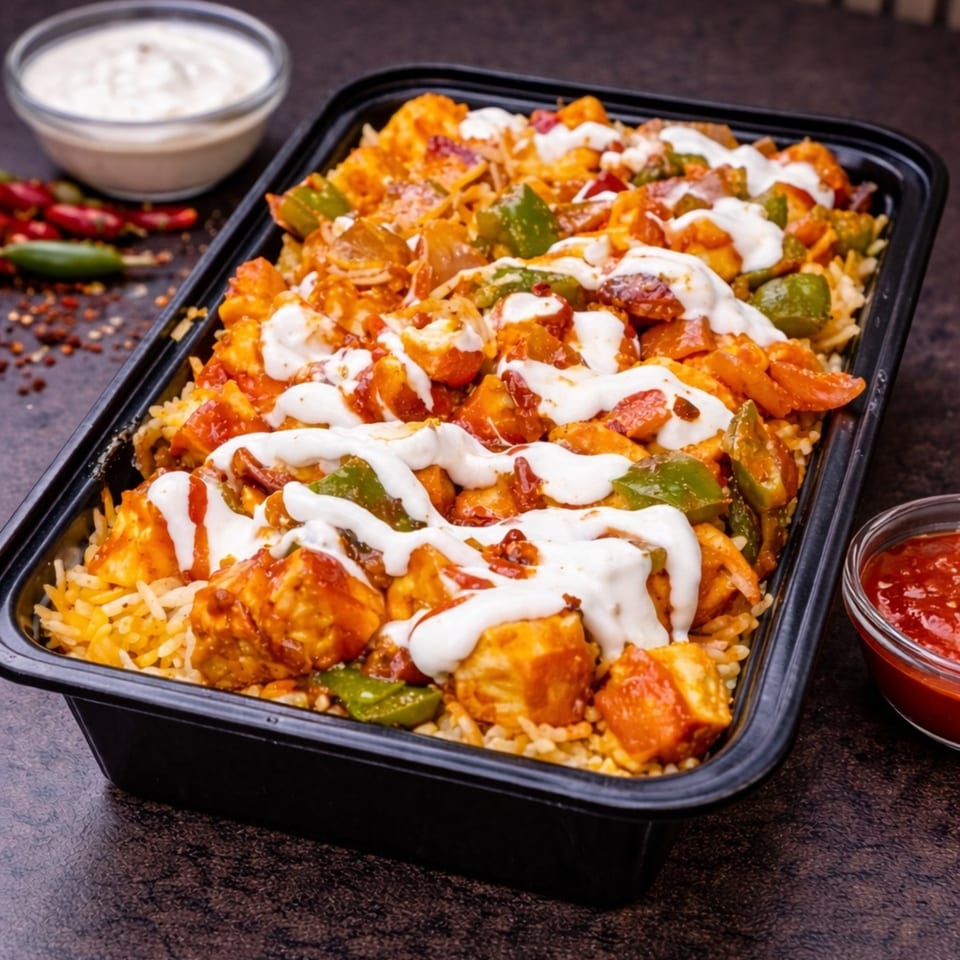 A black container filled with rice, chicken, peppers, and onions, drizzled with white sauce.