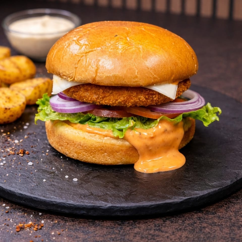 Crispy chicken burger with lettuce, onion, tomato, cheese, and sauce, served with potato wedges.