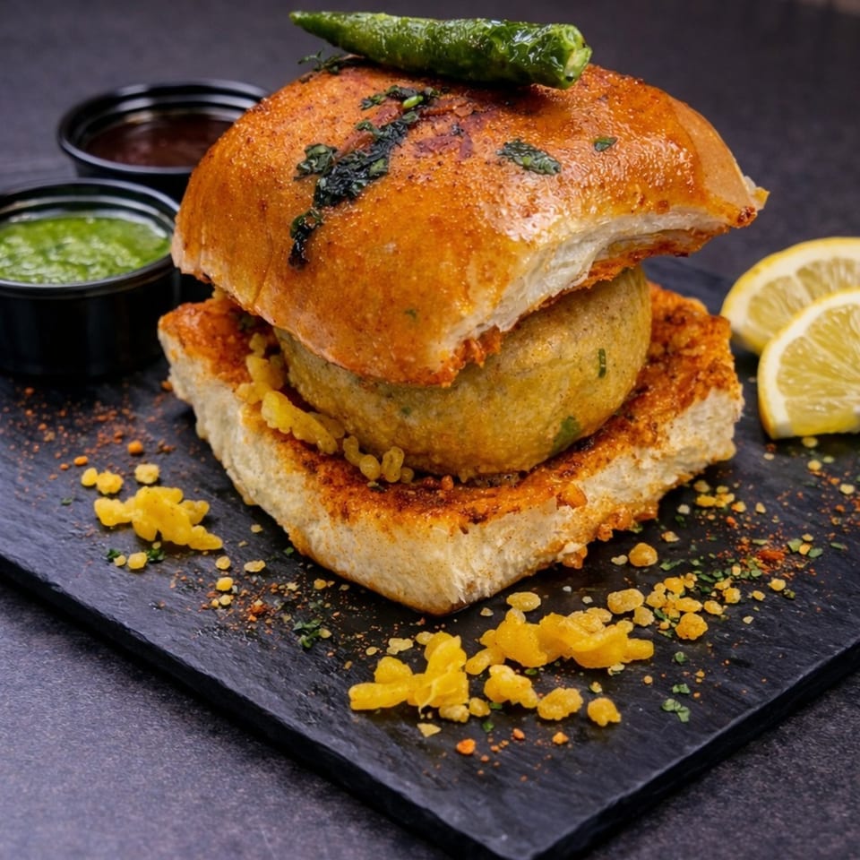 Vada Pav, an Indian street food burger, with green chili, chutneys, and lemon slices on a slate.